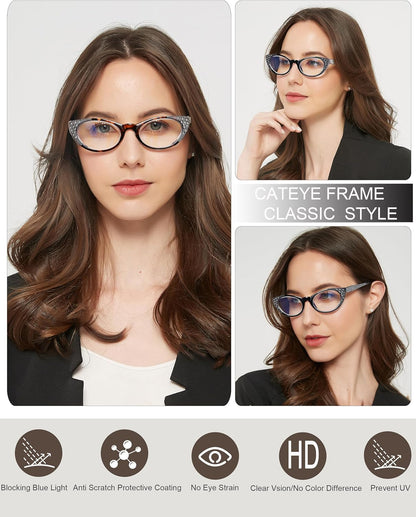 EYEURL 3-Pack Cat Eye Reading Glasses for Women – Blue Light Blocking Computer Readers with Rhinestones, Spring Hinges & UV Protection