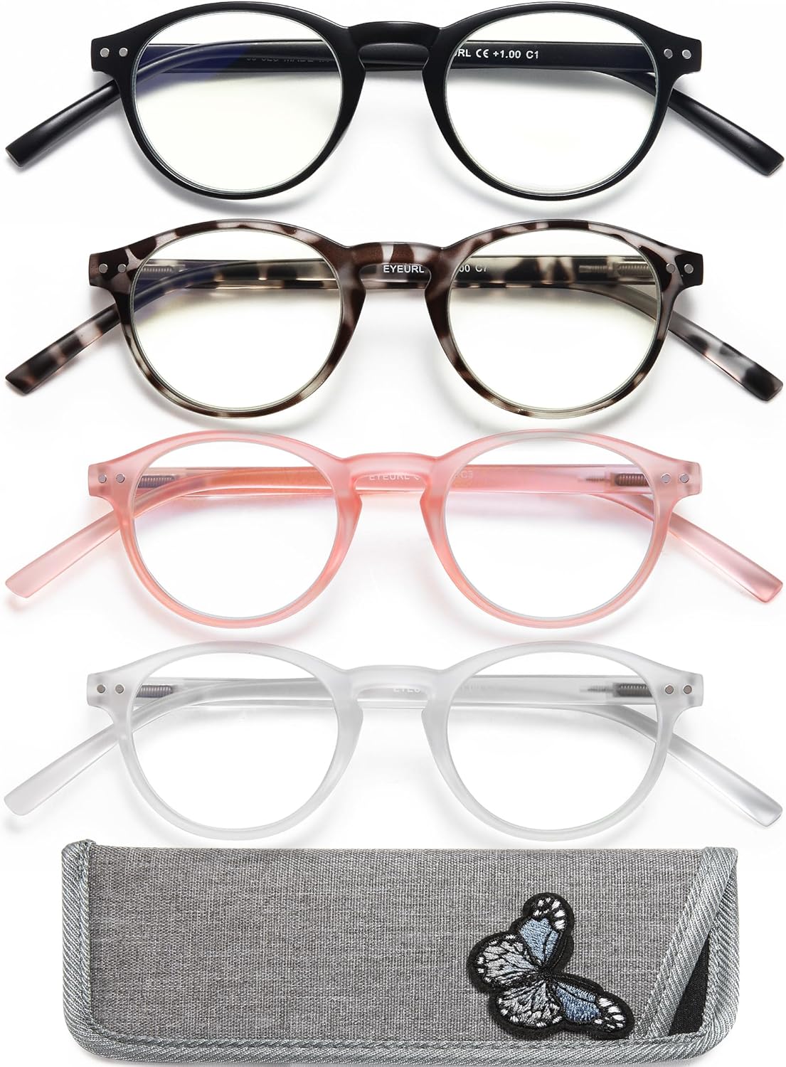 EYEURL 4-Pack Small Round Reading Glasses for Women Men Neck Hanging Blue Light Blocking Eyeglasses TR90 Readers for Women