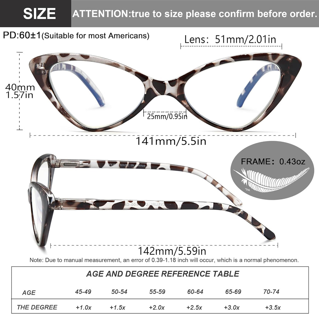 EYEURL 4-Pack Reading Glasses for Women, Fashion Cat Eye Blue Light Blocking Readers with Spring Hinges,1.50 Anti-Glare/UV Rays