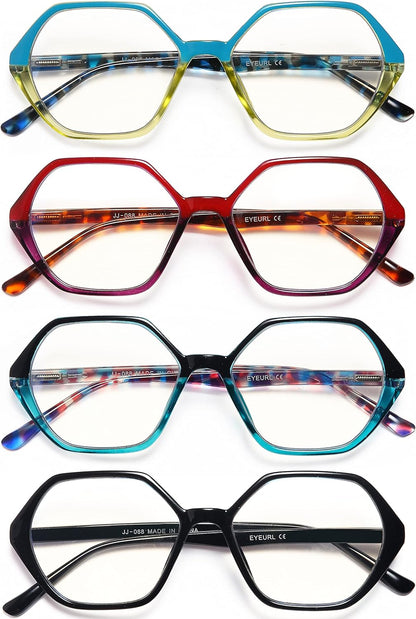 EYEURL 4-Pack Reading Glasses for Women Blue Light Blocking Reading Glasses Vintage Design Diamond-Shaped Frame Spring Hinge Readers for Women Men Anti Glare Filter Lightweight Eyeglasses,1.5