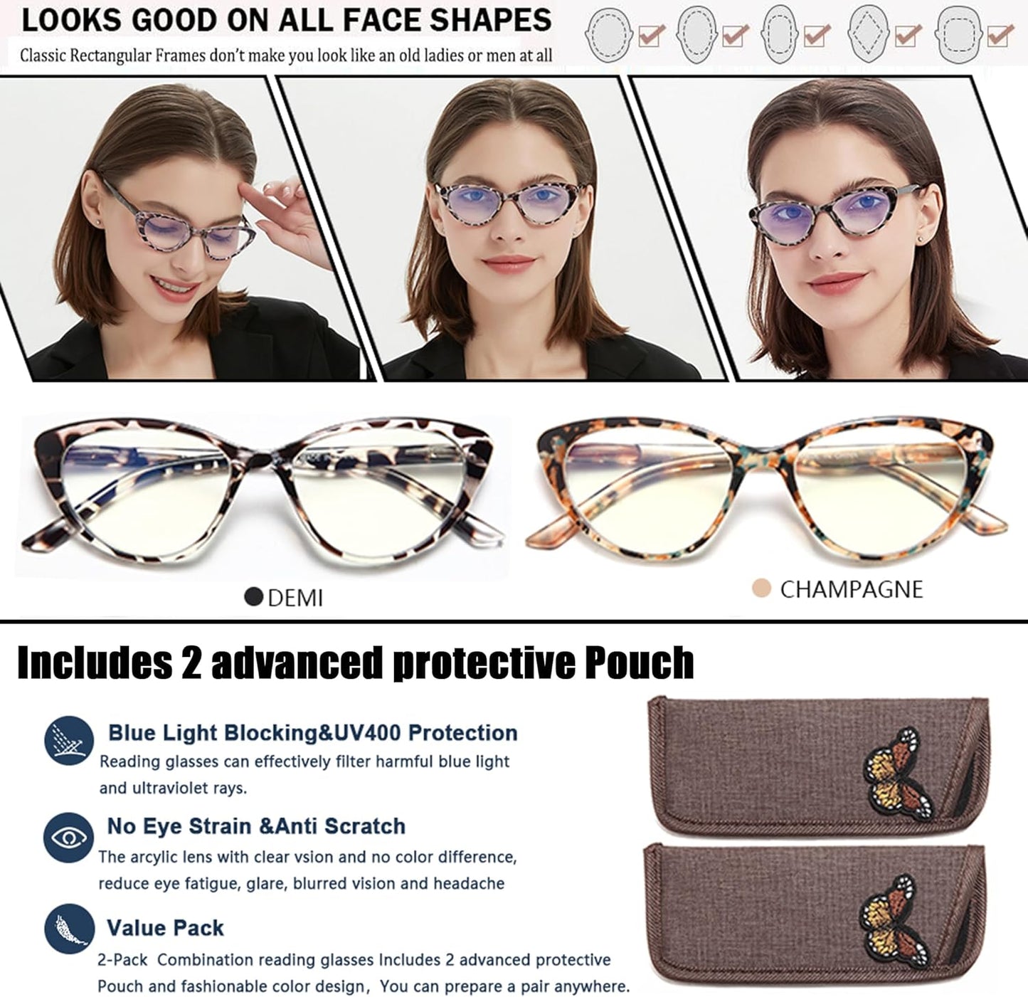 EYEURL Cat Eye Reading Glasses for Women - 2 Pack Blue Light Blocking Computer Readers Spring Hinge Anti Glare/UV Ray Eyeglasses