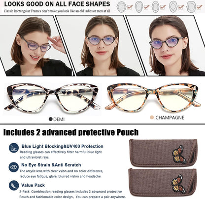 EYEURL Cat Eye Reading Glasses for Women - 2 Pack Blue Light Blocking Computer Readers Spring Hinge Anti Glare/UV Ray Eyeglasses