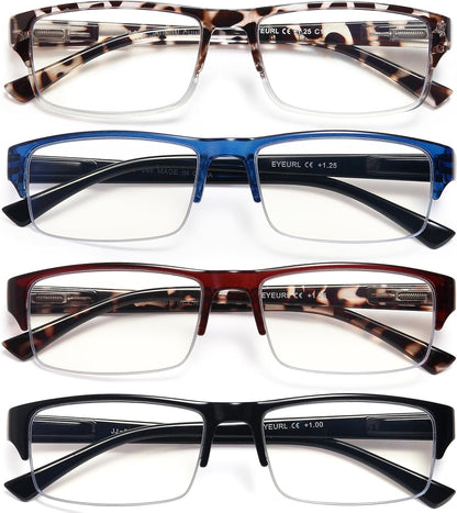 EYEURL 4-Pack Half Frame Reading Glasses for Women Blue Light Blocking Computer Readers for Men Lightweight Rectangle Semi Rimless Computer Glare/UV Half Frame Spring Hinge Eyeglasses,1.5