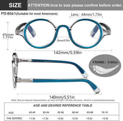 Unisex Retro Round Reading Glasses – Fashion Color Frame Blue Light Blocking Readers, Spring Hinges for Comfort and Eye Protection