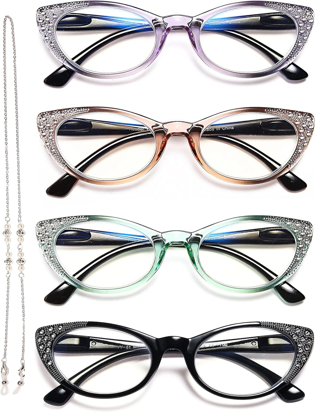EYEURL Cat Eye Reading Glasses for Women - Blue Light Blocking 3 Pack Ladies Fashion Readers with Flexible Spring Hinges, Anti-Glare&UV Rays +1.50 Eyeglasses, Brown/Green/Purple