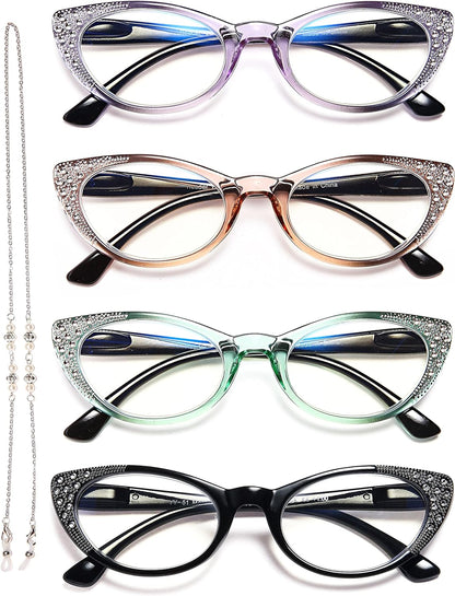 EYEURL Cat Eye Reading Glasses for Women - Blue Light Blocking 3 Pack Ladies Fashion Readers with Flexible Spring Hinges, Anti-Glare&UV Rays +1.50 Eyeglasses, Brown/Green/Purple