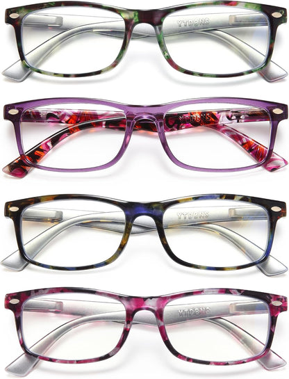 Reading Glasses for Women, 4 pack Fashion Readers for Women Men Spring Hinge Eye Glasses, Blue Light Reading Glasses
