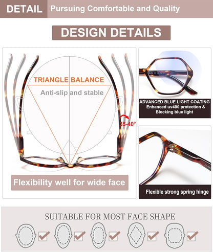 EYEURL Vintage Diamond Frame Reading Glasses for Women – 4 Pack Blue Light Blocking Computer Readers with Spring Hinges, Anti-Glare Lightweight Eyeglasses