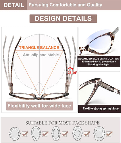 EYEURL 4-Pack Cat Eye Reading Glasses for Women – Blue Light Blocking Readers with Spring Hinges, Anti-Glare & UV Protection