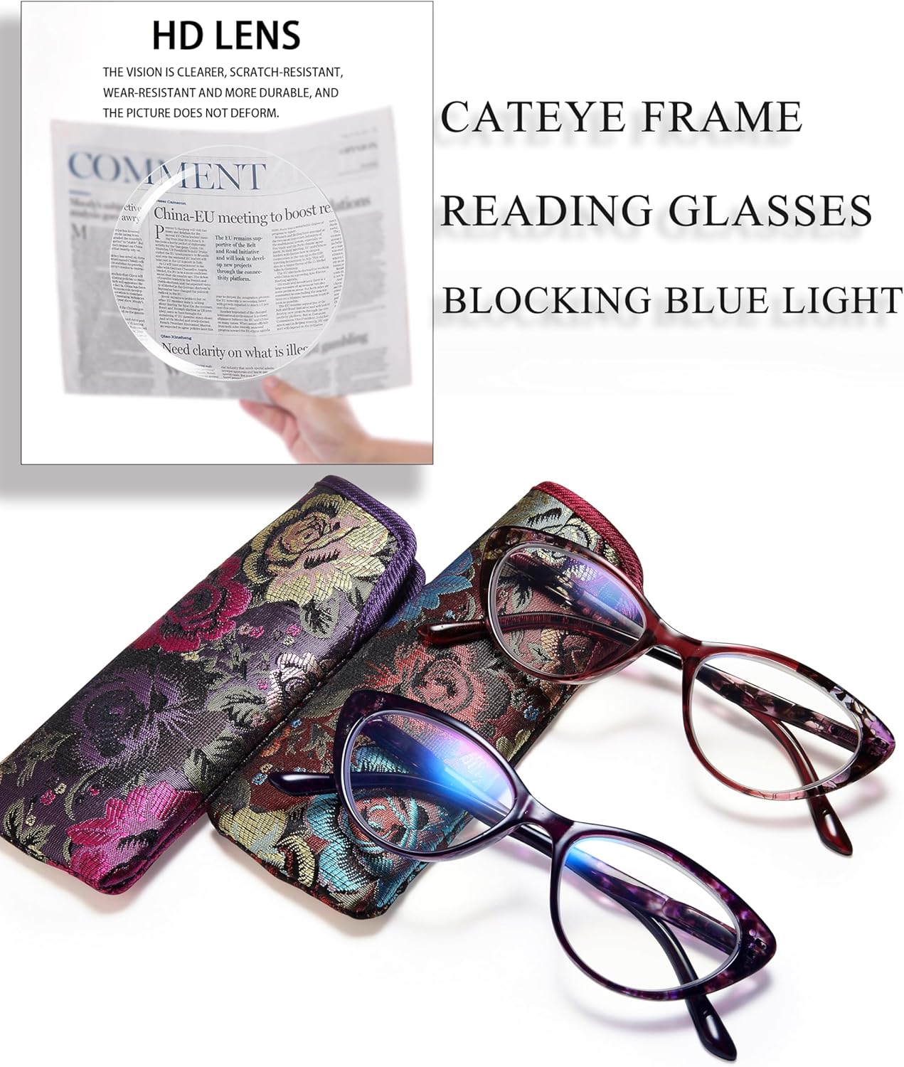 EYEURL Cat Eye Reading Glasses for Women, 2 Pack Blue Light Blocking Readers with Spring Hinge – Anti Glare UV Protection Computer Eyeglasses