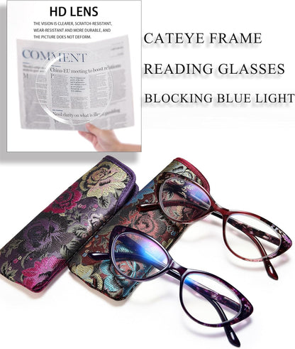 EYEURL Cat Eye Reading Glasses for Women, 2 Pack Blue Light Blocking Readers with Spring Hinge – Anti Glare UV Protection Computer Eyeglasses