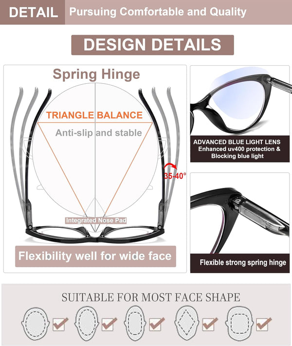 EYEURL Cat Eye Reading Glasses for Women – 5 Pack Fashion Blue Light Blocking Computer Readers with Spring Hinges, Stylish Eyewear for Daily Use