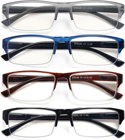 EYEURL 4-Pack Half Frame Reading Glasses for Women Blue Light Blocking Computer Readers for Men Lightweight Rectangle Semi Rimless Computer Glare/UV Half Frame Spring Hinge Eyeglasses,1.5