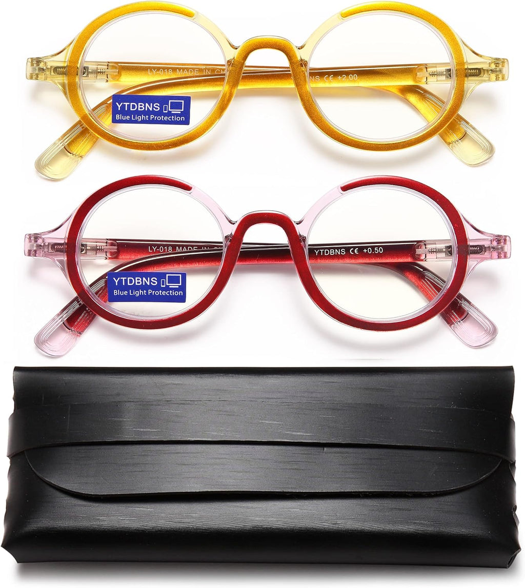 Retro Round Reading Glasses for Men and Women, Stylish Color Frame Design, Blue Light Blocking, Spring Hinges, Anti Eye Strain Computer Readers