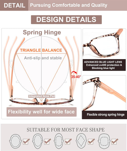 EYEURL 5-Pack Cat Eye Reading Glasses for Women – Fashionable Blue Light Blocking Reading Glasses with Square Frames, Spring Hinges & Magnification