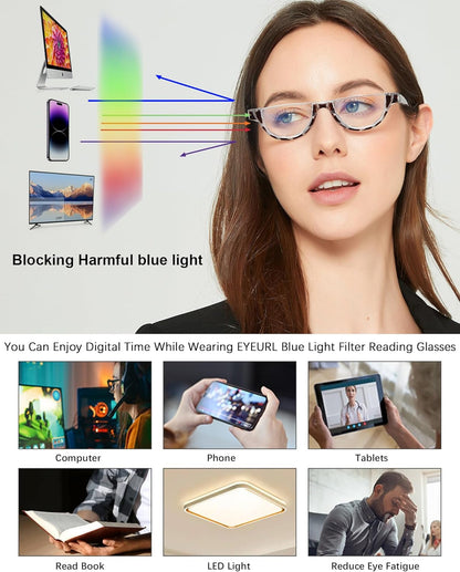 EYEURL Blue Light Blocking Reading Glasses for Women – 4 Pack Fashion Half Frame Computer Readers with Spring Hinges, Anti-UV Ray Eyewear for Work and Home