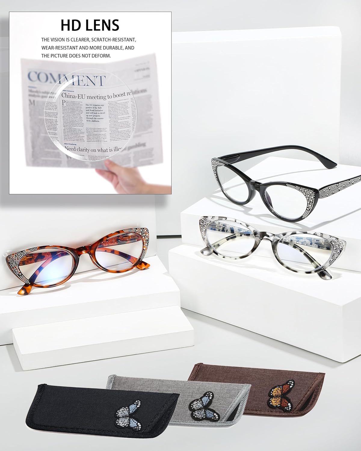 EYEURL 3-Pack Cat Eye Reading Glasses for Women – Blue Light Blocking Computer Readers with Rhinestones, Spring Hinges & UV Protection
