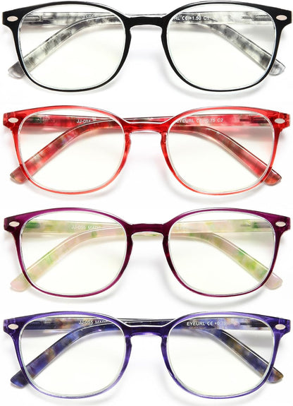 EYEURL Blue Light Blocking Reading Glasses Women, 4-Pack Spring Hinge Computer Readers,Anti UV Ray Square Nerd Eyeglasses +3.00