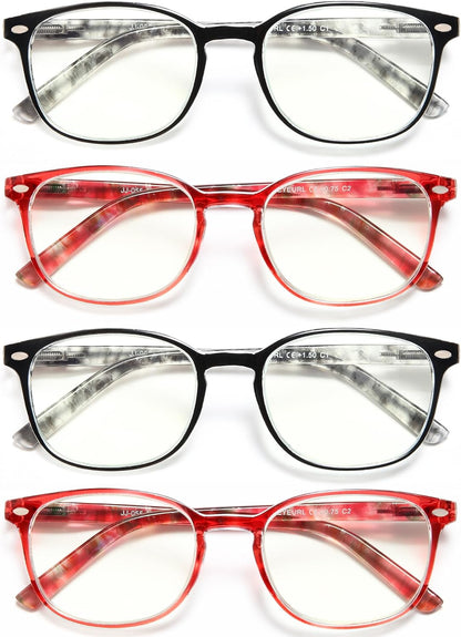 EYEURL Blue Light Blocking Reading Glasses Women, 4-Pack Spring Hinge Computer Readers,Anti UV Ray Square Nerd Eyeglasses +3.00