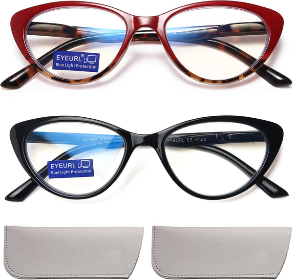 EYEURL Cat Eye Reading Glasses for Women - 2 Pack Blue Light Blocking Readers +1.75, Fashion Ladies Computer Eyeglasses with Spring Hinges