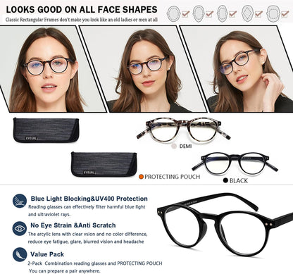 EYEURL 4-Pack Small Round Reading Glasses for Women Men Neck Hanging Blue Light Blocking Eyeglasses TR90 Readers for Women