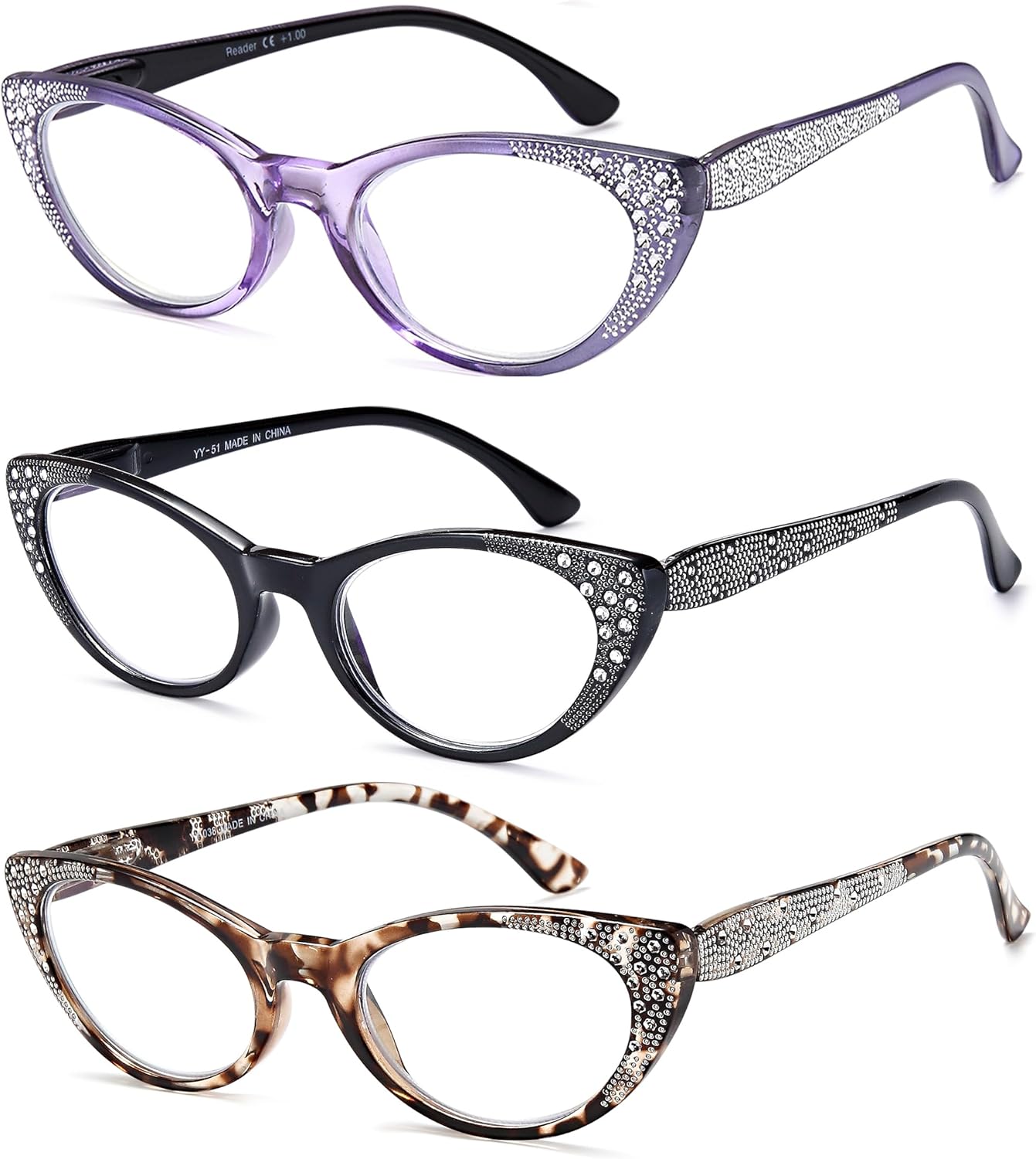 EYEURL Cat Eye Reading Glasses 3-Pack – Blue Light Blocking Computer Readers for Women, Rhinestone Frame Design, Anti UV & Anti Glare Eyeglasses