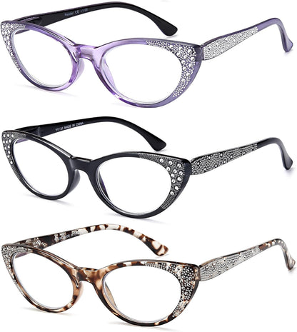 EYEURL Cat Eye Reading Glasses 3-Pack – Blue Light Blocking Computer Readers for Women, Rhinestone Frame Design, Anti UV & Anti Glare Eyeglasses
