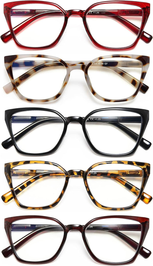 EYEURL Readers for Women - 5 Pack Blue Light Blocking Reading Glasses Ladies +0.00 Fashion Square Frames Magnification with Spring Hinge