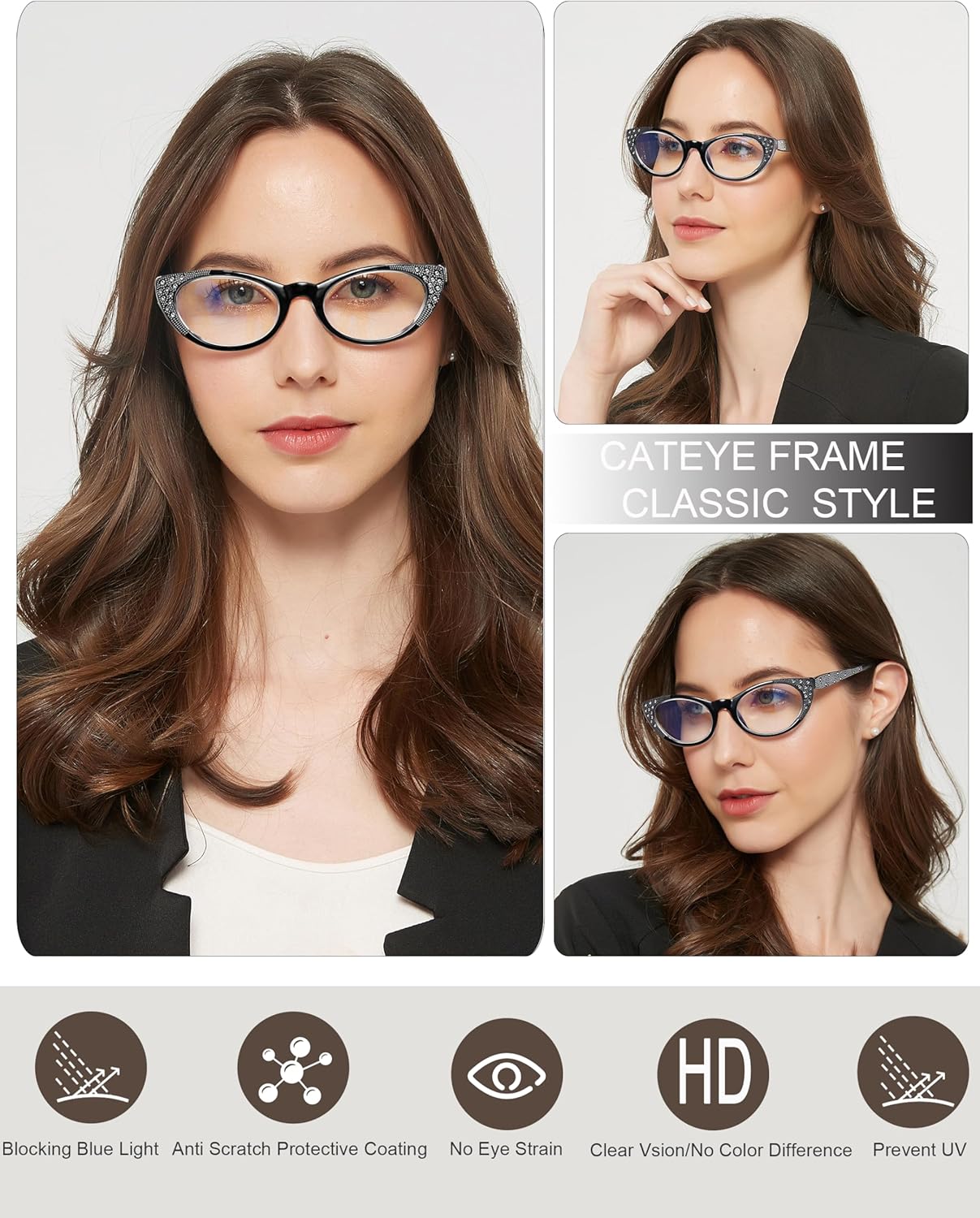 EYEURL Cat Eye Reading Glasses 3-Pack – Blue Light Blocking Computer Readers for Women, Rhinestone Frame Design, Anti UV & Anti Glare Eyeglasses