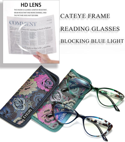 2 Pack Blue Light Blocking Cat Eye Readers for Women – Anti Glare UV Filter Computer Reading Glasses, Spring Hinge Comfort Fit