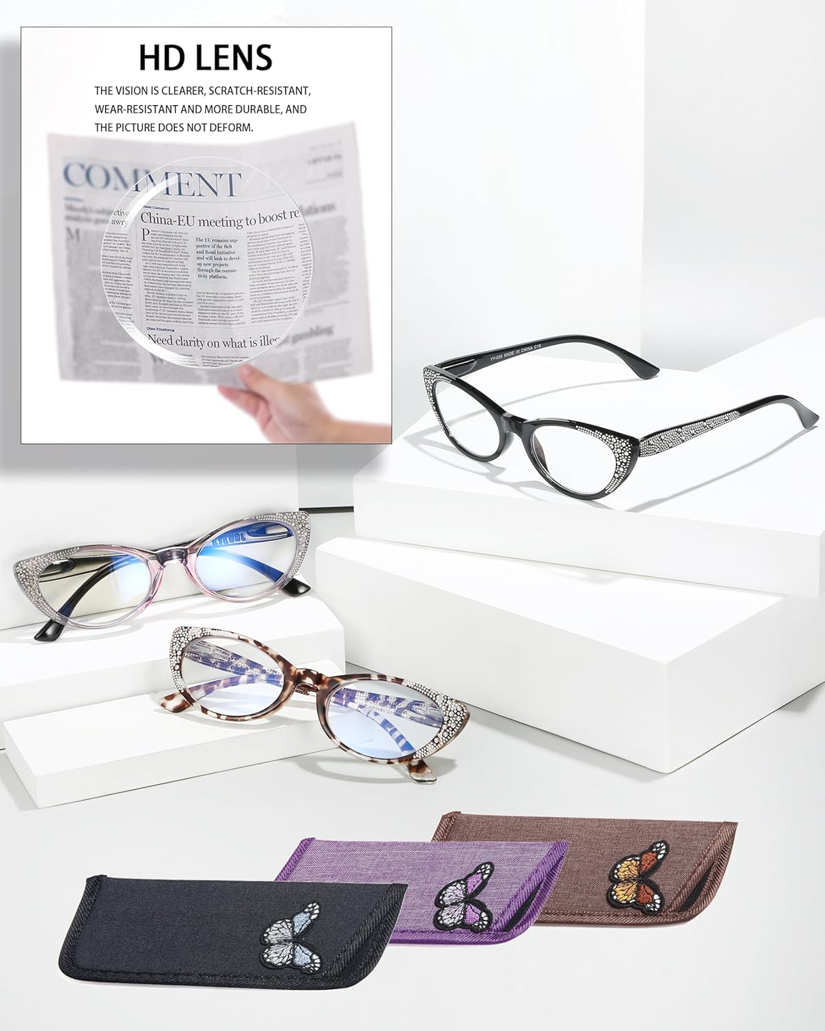EYEURL Cat Eye Reading Glasses 3-Pack – Blue Light Blocking Computer Readers for Women, Rhinestone Frame Design, Anti UV & Anti Glare Eyeglasses