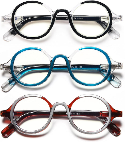 Unisex Retro Round Reading Glasses – Fashion Color Frame Blue Light Blocking Readers, Spring Hinges for Comfort and Eye Protection