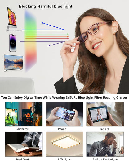EYEURL Reading Glasses for Women-Blue Light Blocking For Women-3 Pack Computer Readers 0.0 Spring Hinge Anti UV Ray/Eye Strain/Glare Eyeglasses
