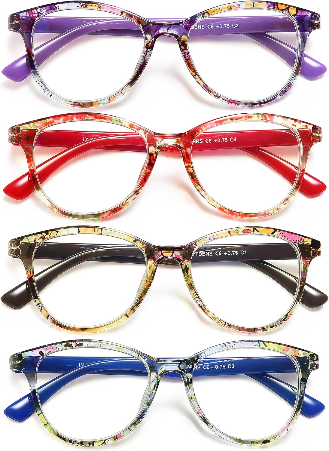 Fashion Cat Eye Reading Glasses for Women, 4-Pack Floral Pattern Readers with Spring Hinges, Lightweight Comfortable Frame, Anti Eyestrain Cheaters