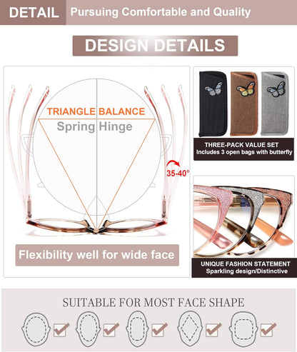 Cat Eye Reading Glasses for Women, Blue Light Blocking Fashion Readers, Anti Glare UV Protection Eyewear