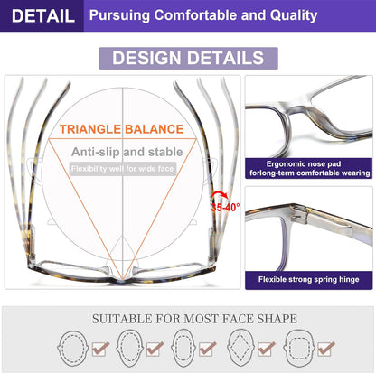 Reading Glasses for Women, 4 pack Fashion Readers for Women Men Spring Hinge Eye Glasses, Blue Light Reading Glasses