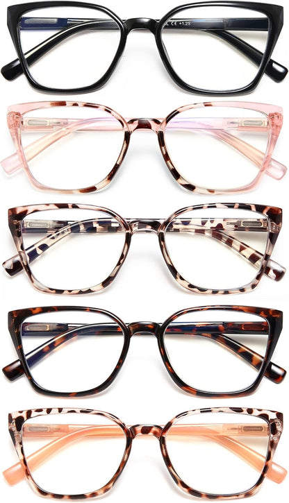 EYEURL 5-Pack Cat Eye Reading Glasses for Women – Fashionable Blue Light Blocking Reading Glasses with Square Frames, Spring Hinges & Magnification