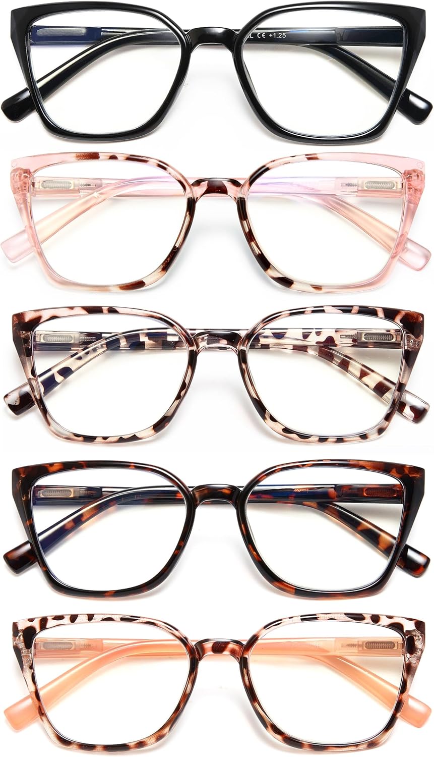 EYEURL 5-Pack Cat Eye Reading Glasses for Women – Fashionable Blue Light Blocking Reading Glasses with Square Frames, Spring Hinges & Magnification
