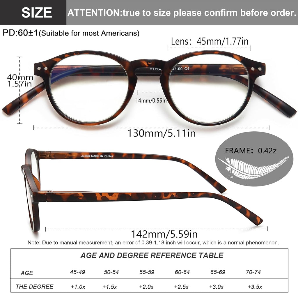 EYEURL 4-Pack Small Round Reading Glasses for Women Men Neck Hanging Blue Light Blocking Eyeglasses TR90 Readers for Women