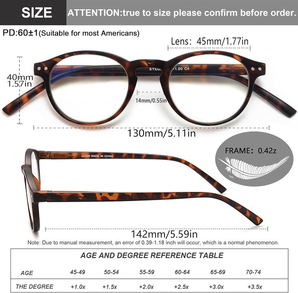 EYEURL 4-Pack Small Round Reading Glasses for Women Men Neck Hanging Blue Light Blocking Eyeglasses TR90 Readers for Women