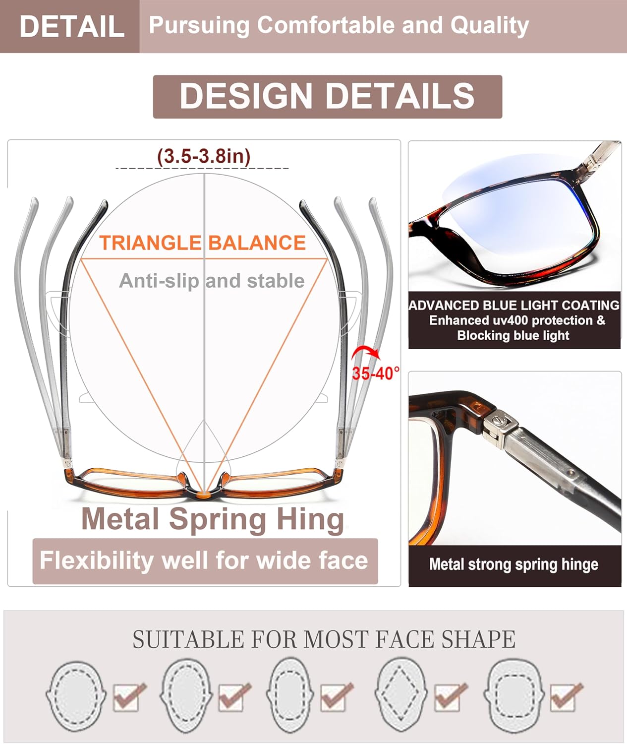 Stylish Professional Readers for Men and Women – Blue Light Blocking Computer Glasses with Spring Hinges for Eye Strain Relief