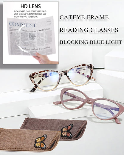 EYEURL Stylish Cat Eye Reading Glasses for Women – 2 Pack Blue Light Blocking Readers, Comfortable Spring Hinge Design