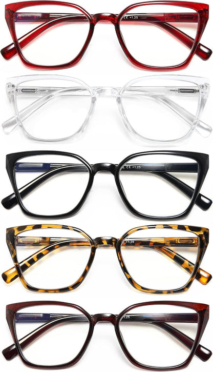 EYEURL 5-Pack Cat Eye Reading Glasses for Women – Blue Light Blocking Readers with Fashion Square Frames and Spring Hinges
