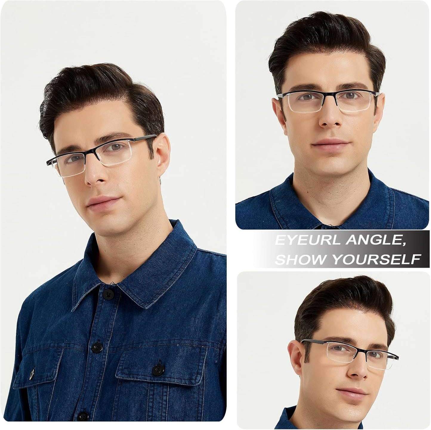 EYEURL Fashion Half Frame Reading Glasses – 4 Pack Blue Light Blocking Rectangle Semi-Rimless Eyeglasses for Men and Women with Spring Hinges