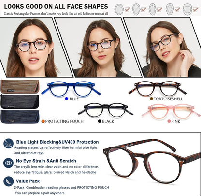 EYEURL 4-Pack Small Round Reading Glasses for Women Men Neck Hanging Blue Light Blocking Eyeglasses TR90 Readers for Women