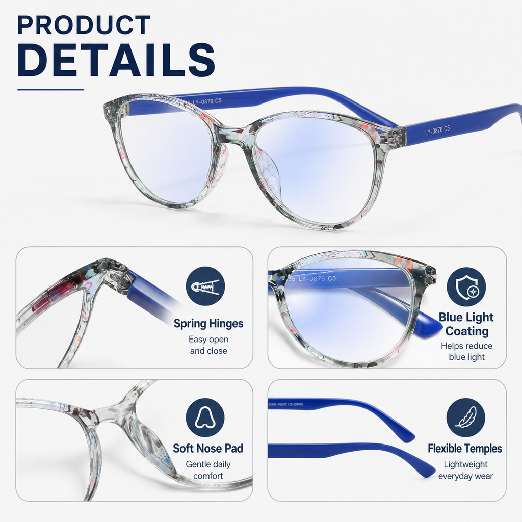 Fashion Cat Eye Reading Glasses for Women, 4-Pack Floral Pattern Readers with Spring Hinges, Lightweight Comfortable Frame, Anti Eyestrain Cheaters