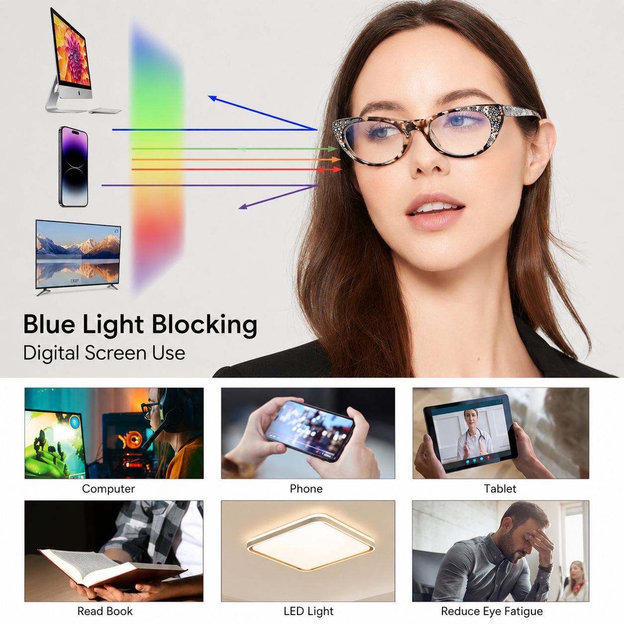 EYEURL Cat Eye Reading Glasses 3-Pack – Blue Light Blocking Computer Readers for Women, Rhinestone Frame Design, Anti UV & Anti Glare Eyeglasses
