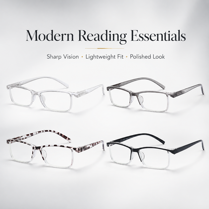 EYEURL Fashion Half Frame Reading Glasses – 4 Pack Blue Light Blocking Rectangle Semi-Rimless Eyeglasses for Men and Women with Spring Hinges