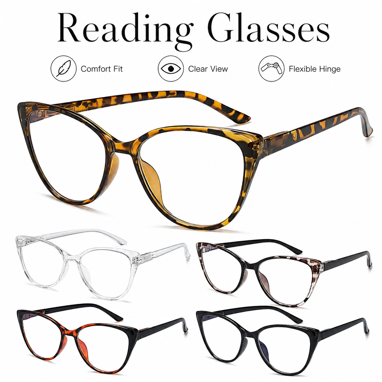 EYEURL 5 Pack Reading Glasses for Women-Cat Eye Blue Light Blocking Readers Fashion Computer Glasses with Spring Hinge Anti-Glare Readers for Women 2.0