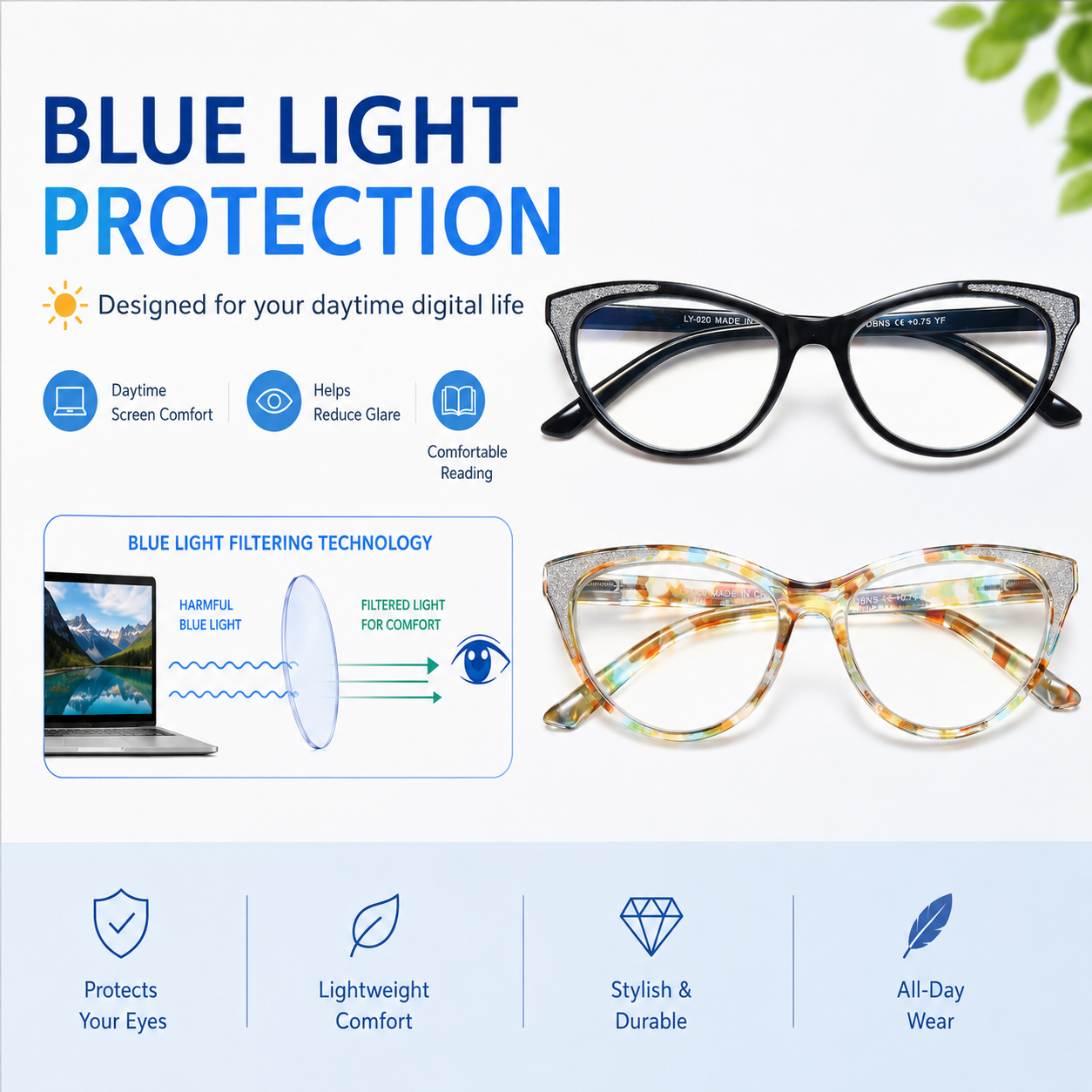 Cat Eye Reading Glasses for Women – Blue Light Blocking Computer Readers with Stylish Glitter Frame, Comfortable Eyeglasses for All Face Shapes